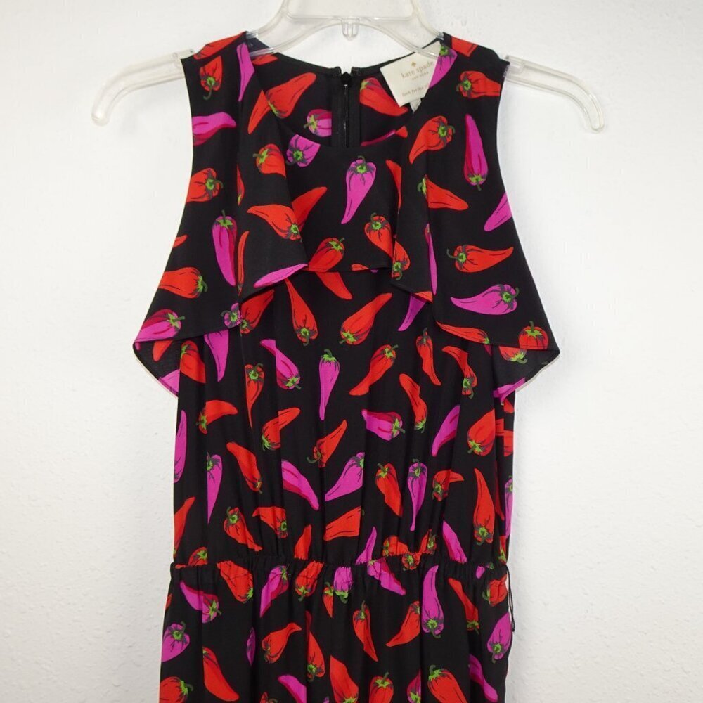 Kate Spade Silk Jumpsuit Size 0 Hot Pepper Print Cropped Black Multicolor - Picture 4 of 12